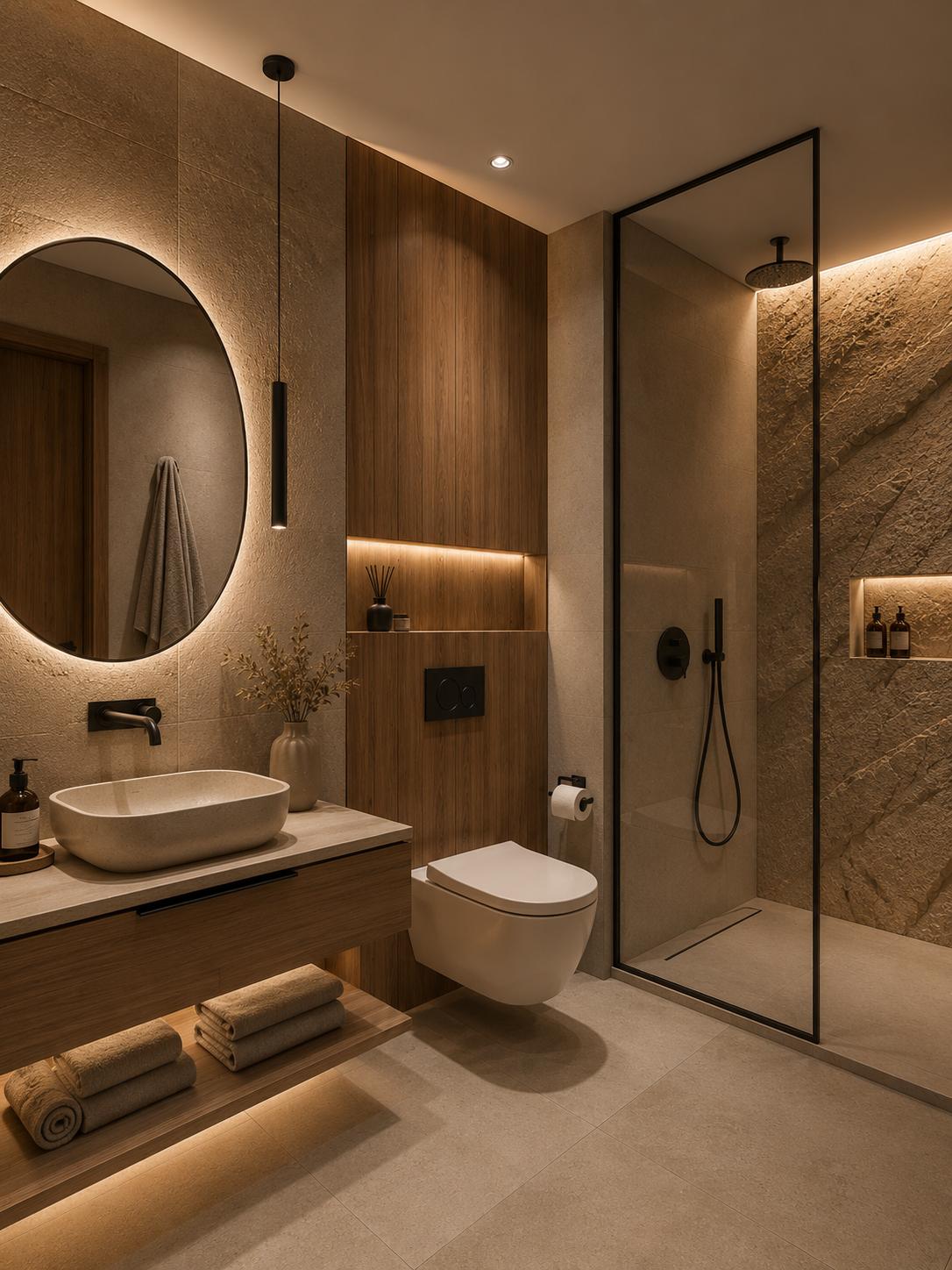 Propuesta de baño con espejo circular, lavabo sobre mueble de madera y ducha acristalada
