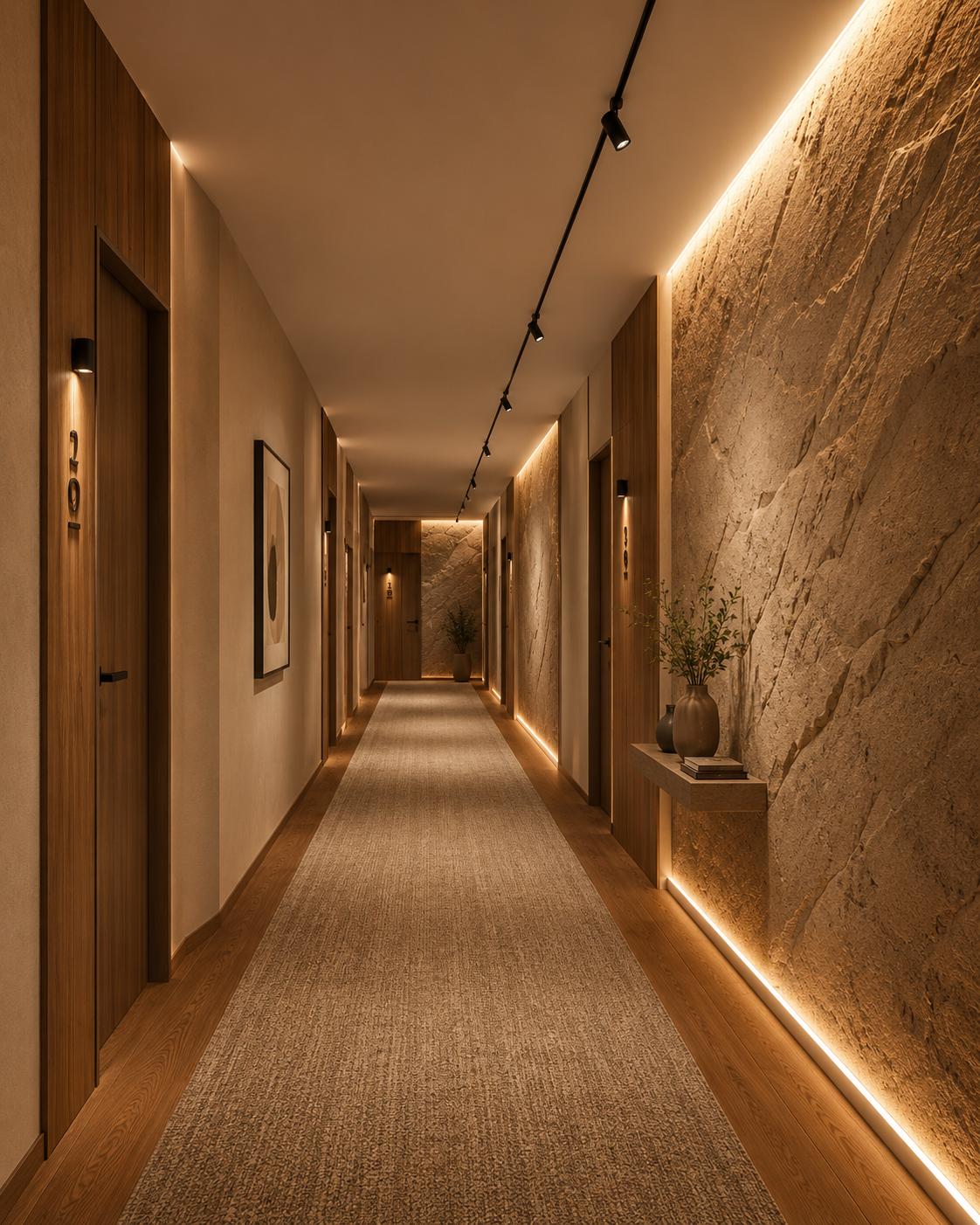 Propuesta de pasillo con puertas de madera, paredes de textura mineral e iluminación cálida